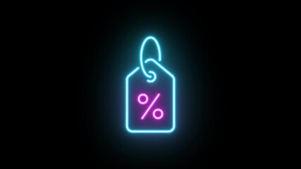 Wall Mural - Neon sale tag animation, icon color shift animation. Glowing neon discount tag with percentage, looped color animation. Price discount label, sale offer, discount coupon. Azure, magenta colors