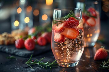 a glass of water with strawberries and rosemary.

