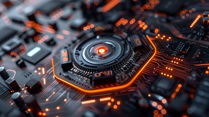 Wall Mural - Close-up view of a modern GPU card with circuit and colorful lights and details