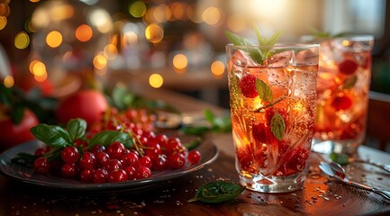 a glass of red liquid with berries on a plate.