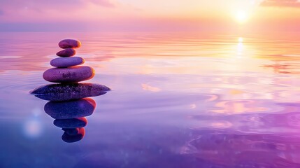 Canvas Print - A balanced stack of smooth stones sits on a rocky beach at sunset, with the sun reflecting off the water in a tranquil scene.