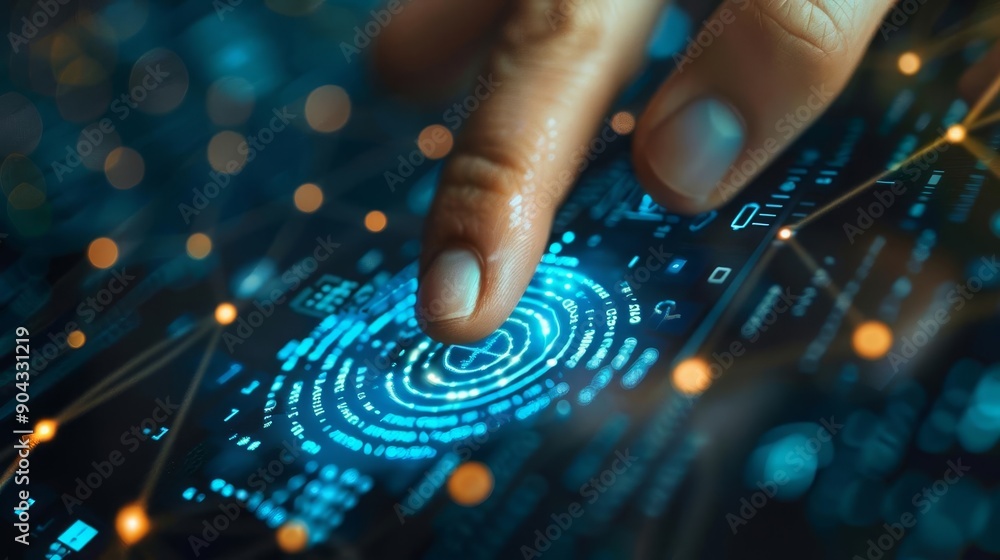 biometric user authentication – fast. secure.... Businessperson using biometric authentication to access secure data ...