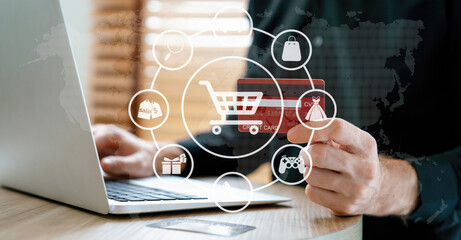 Customer open hologram graphic interface controlling device choosing online platform. Smart consumer touch gadget open e-commerce application using cashless technology shopping inventory. Cybercash.