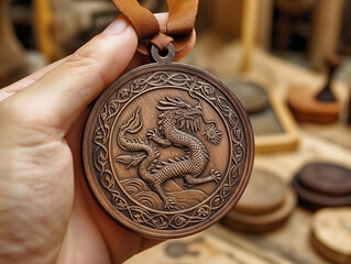 Wall Mural - A hand holding a gold and bronze dragon pendant. The pendant is intricately designed and has a unique charm