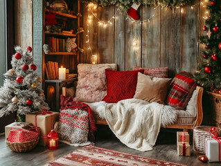 Wall Mural - A cozy living room with a Christmas tree, a couch, and a chair. The couch is covered with a red blanket and pillows. There are several books on the floor and a few presents under the tree