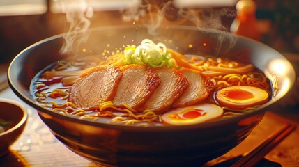 A bowl of steaming ramen, filled with rich broth, chewy noodles, and an array of toppings like tender pork belly, soft-boiled eggs, and crisp vegetables.