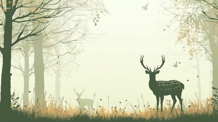 Poster - Deer in a Foggy Forest.