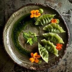 Sticker - Artful presentation of green dumplings on a rustic plate decorated with edible flowers. This gourmet food style image focuses on visual elegance and culinary artistry, ideal for food photography. AI