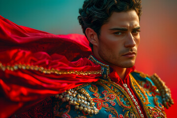 A flamboyantly dressed matador in action his red cape swirling against a gradient background encapsulates the spirited celebration of Hispanic Heritage Month 