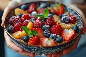 Sticker - Colorful Bowl of Fresh Berries and Fruits Held by Hands in Natural Light