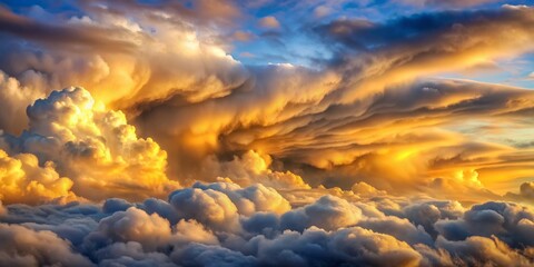 Wall Mural - Golden Hour Cloudscape Aerial View of Cumulus and Stratus Formations, golden , sky , clouds , sunset