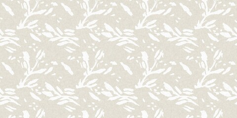 Wall Mural - Seamless french gender neutral floral linen printed fabric border background. Light mottled white on grey cottage core block print pattern. Shabby chic woven duotone cloth effect. 