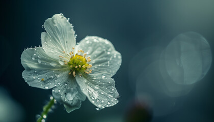 Wall Mural - A close-up of a delicate white flower with dew drops, set against a dark, blurred background, capturing the serenity and freshness of nature.