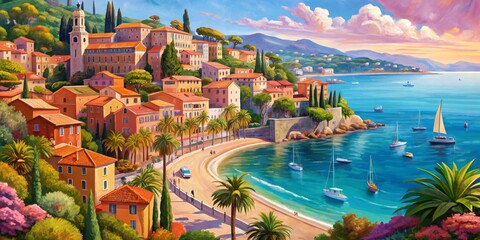 Mediterranean Village Seascape A Vibrant Oil Painting of a Coastal Town, Coastal Town, Mediterranean, Oil Painting, Seascape