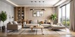 © BrilliantPixels - Modern Living Room Interior Design with Grey Sofa, Wooden Floor and Plants, 3D Rendering, Living Room, Interior Design, Home Decor