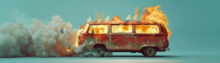 Wall Mural - A car is on fire and the flames are shooting out of the back. The car is surrounded by smoke and the sky is dark. Scene is intense and dramatic