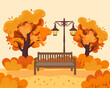 © Tatiana - Autumn landscape, park bench and retro lantern among trees and bushes. Illustration, clip art, vector