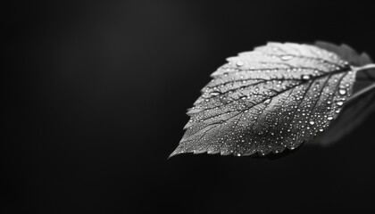 Wall Mural - A close-up monochrome shot of a leaf covered in water droplets against a dark background, highlighting the textures and details.