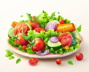 3d cartoon vegetable salad in a plate.