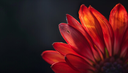 Wall Mural - Close-up of a vibrant red flower with delicate petals illuminated against a dark background, highlighting intricate details and textures.