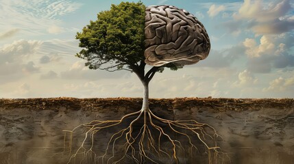 The image portrays a tree shaped like a human brain growing out of a cracked earth, symbolizing the roots of knowledge and thought.