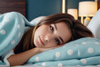 © Galeno - cute girl lies cozy pillow blanket bed representing daytime sleep relaxation