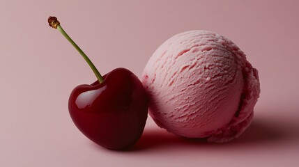 Wall Mural - A cherry next to a scoop of cherry-flavored ice cream, emphasizing the contrast between the fuzzy skin and the smooth ice cream