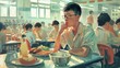 © spyrakot - Chinese Schoolboy Enjoying Lunch Break with Friends in School Cafeteria - Social Interaction and Camaraderie