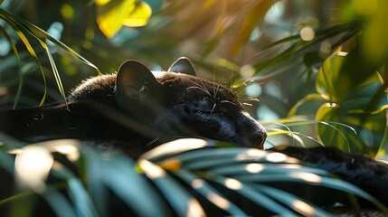 Wall Mural - Spotting panther relaxing in sunlight on a theme of leaves