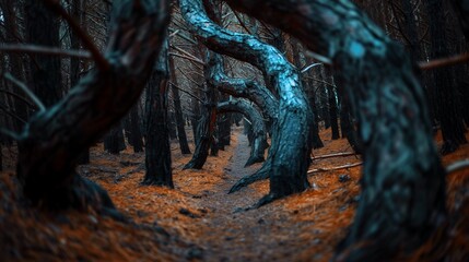 dark autumn forest with old crooked, twisted trees. 