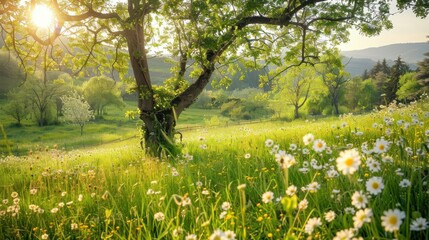 Lush green countryside with blooming flowers in spring, perfect for relaxing walks and picnics