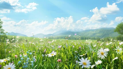 Lush green meadow filled with wildflowers and a clear blue sky, epitomizing the freshness of spring