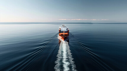 Sticker - Aerial view of a large cargo ship navigating calm open waters with a minimalistic horizon and distant mountains in the background.