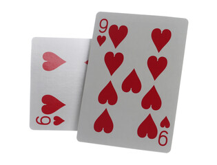 Wall Mural - Flying playing card for poker and gambling, six and nine heart isolated on white, clipping path