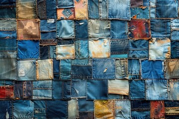 A close-up image of a patchwork of denim fabric squares, showcasing a variety of shades and textures