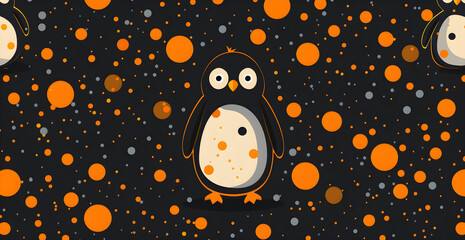 Wall Mural - A penguin is standing in a black background with orange dots