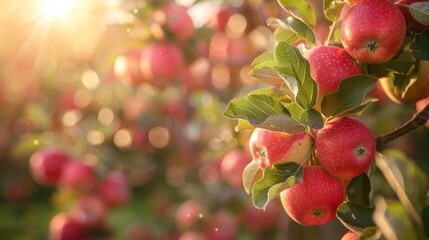 Wall Mural - Spring blossoms in an apple tree orchard under warm sunlight