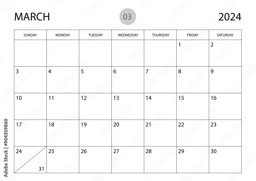 March 2024 year planner template, calendar 2024 template, monthly and