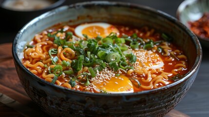 Wall Mural - Spicy tangy broth with noodles and toppings served in a rustic bowl