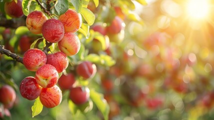 Wall Mural - Close up of ripe plums on tree branches during golden hour