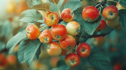 Wall Mural - Tiny apples growing on a tree in a backyard during late summer