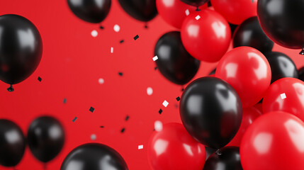 Poster - Festive Black Friday discount text, bursting with joy on a lively black to red gradient, surrounded by celebratory balloons and confetti, wide angle 