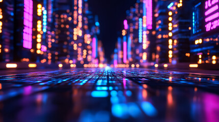 Illustration of a futuristic city powered by Euro cryptocurrency, with holographic displays and neon signs 