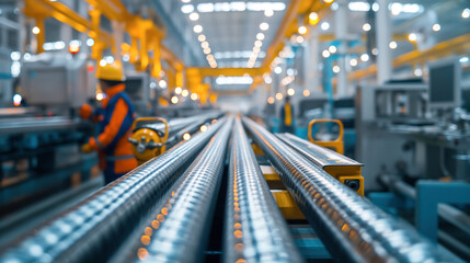 Poster - Blurred image of a worker in an industrial factory with focus on steel rods and machinery in the foreground, emphasizing industrial manufacturing.