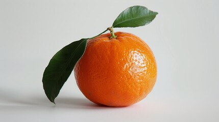 Wall Mural - Large mandarin orange tangerine with leaf resting on white background