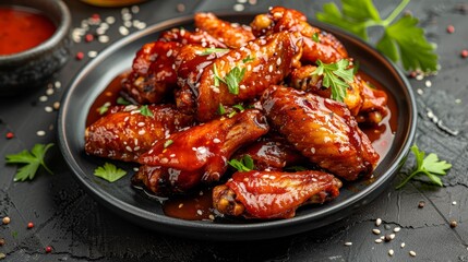 Wall Mural - Fried chicken wings served with spicy chili sauce on a rustic table