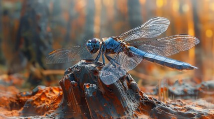 Wall Mural - Big blue dragonfly resting on parch tree trunk in warm light