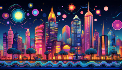 City at night painting illustration Fairy skyline futuristic psychedelic artwork