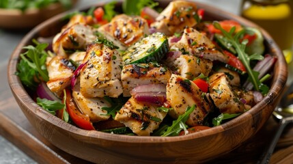 Wall Mural - Grilled chicken salad with olive oil and fresh vegetables served in a rustic bowl