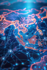 Canvas Print - a map of the world with a glowing orange line through it. the map is a representation of the interne